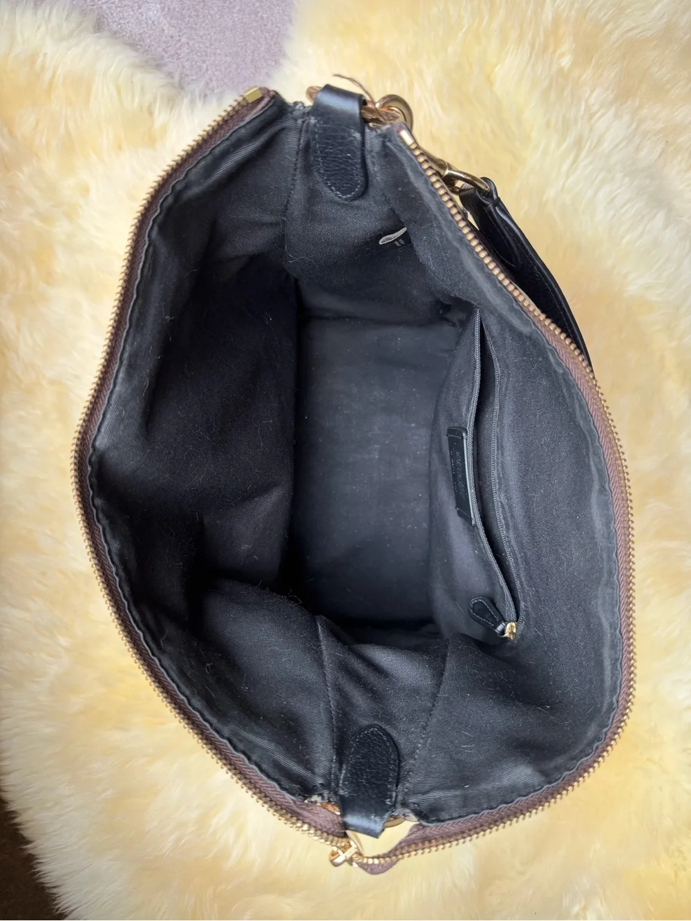 Coach Pennie Brown Signature Leather Hobo Shoulder Bag Gold Hardware Black Trim